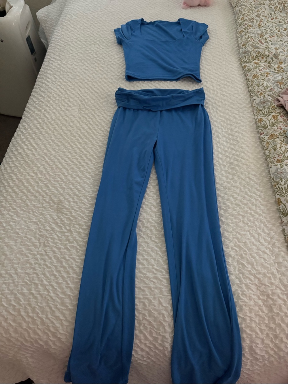 Blue Women's Wide-Leg Fold-Over Waist Lounge Pants